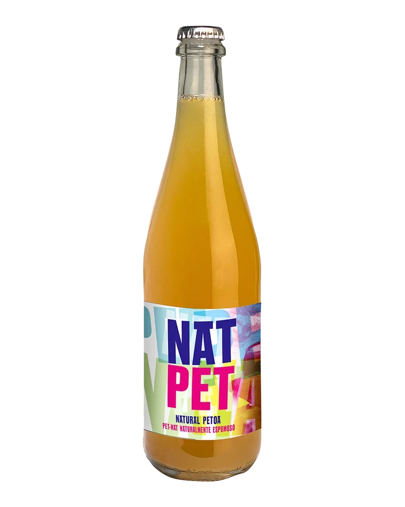 Bottle of Zelaia’s NatPet cider, with a colourful label and crown cap