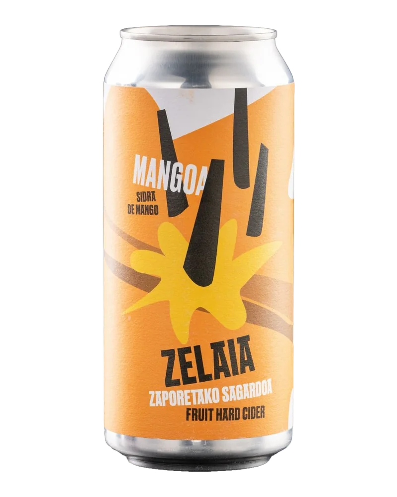 Can of Zelaia Zaporetako Sagardoa mango cider, with an orange and yellow label