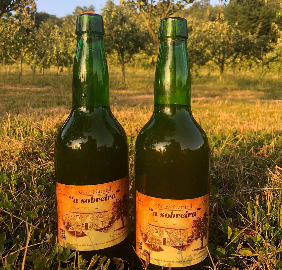 Dos botellas de sidra natural A Sobreira sobre la hierba de la pomarada
