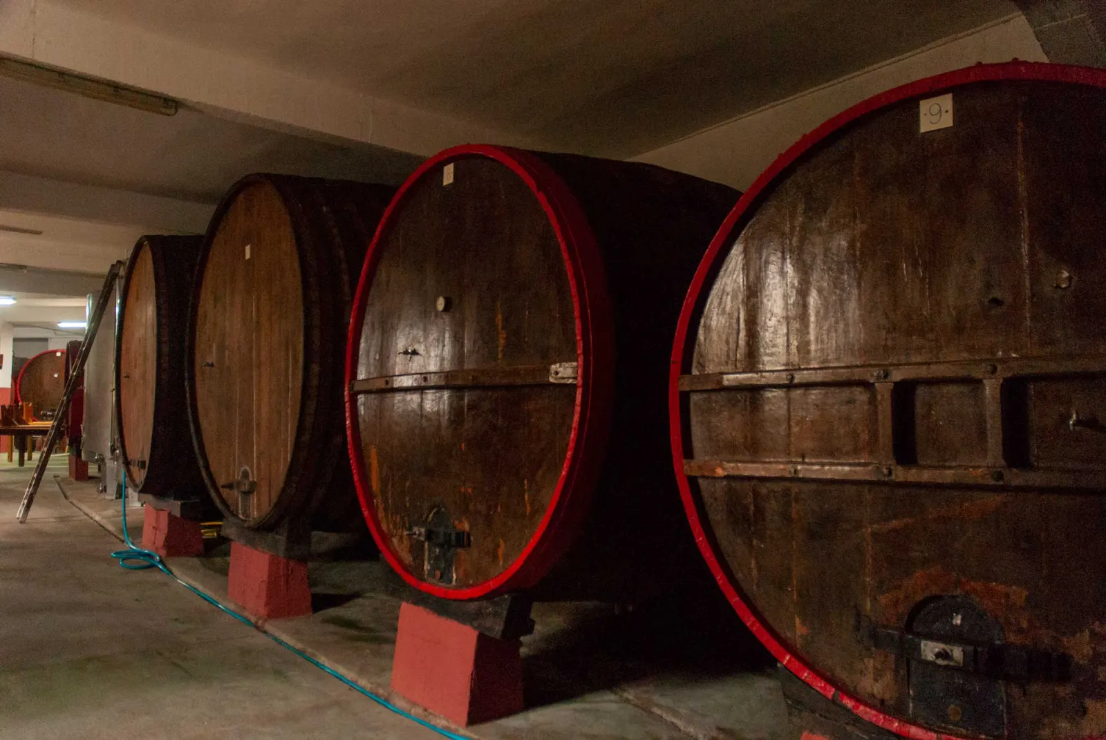 Kupelas de madera con aros rojos en la bodega de la sidrería Saraberri