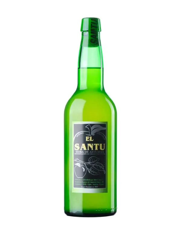 Bottle of El Santu, a DO cider of Asturias, with a black label