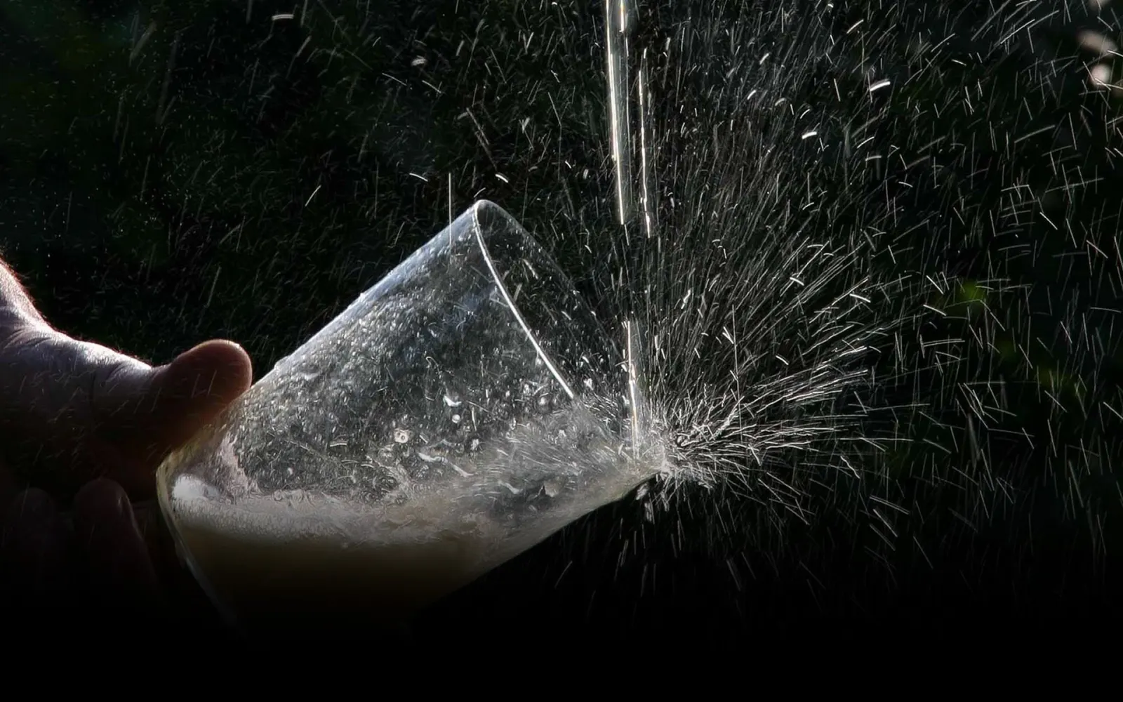 Chorro de sidra escanciada rompiendo en el vaso sobre fondo oscuro
