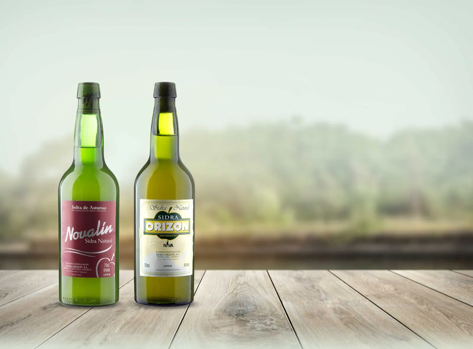 Bottles of Novalín and Orizón natural cider on a wooden table